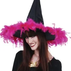 ADULT WITCH HAT WITH HOT PINK FEATHERS