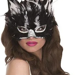 MASK - BLACK CAT FEATHER WITH SILVER SEQUINS