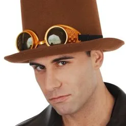 STEAM PUNK TOP HAT WITH GOGGLES - BROWN