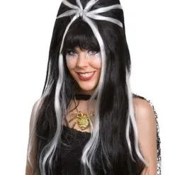 BEEHIVE WIG LONG BLACK WITH WHITE STRIPES & SILVER SPIDER